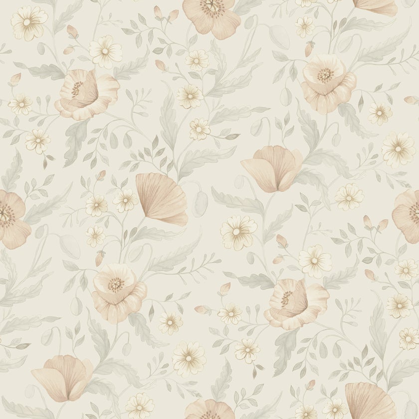 Trädgårdsblommor, ljusgrå tapet