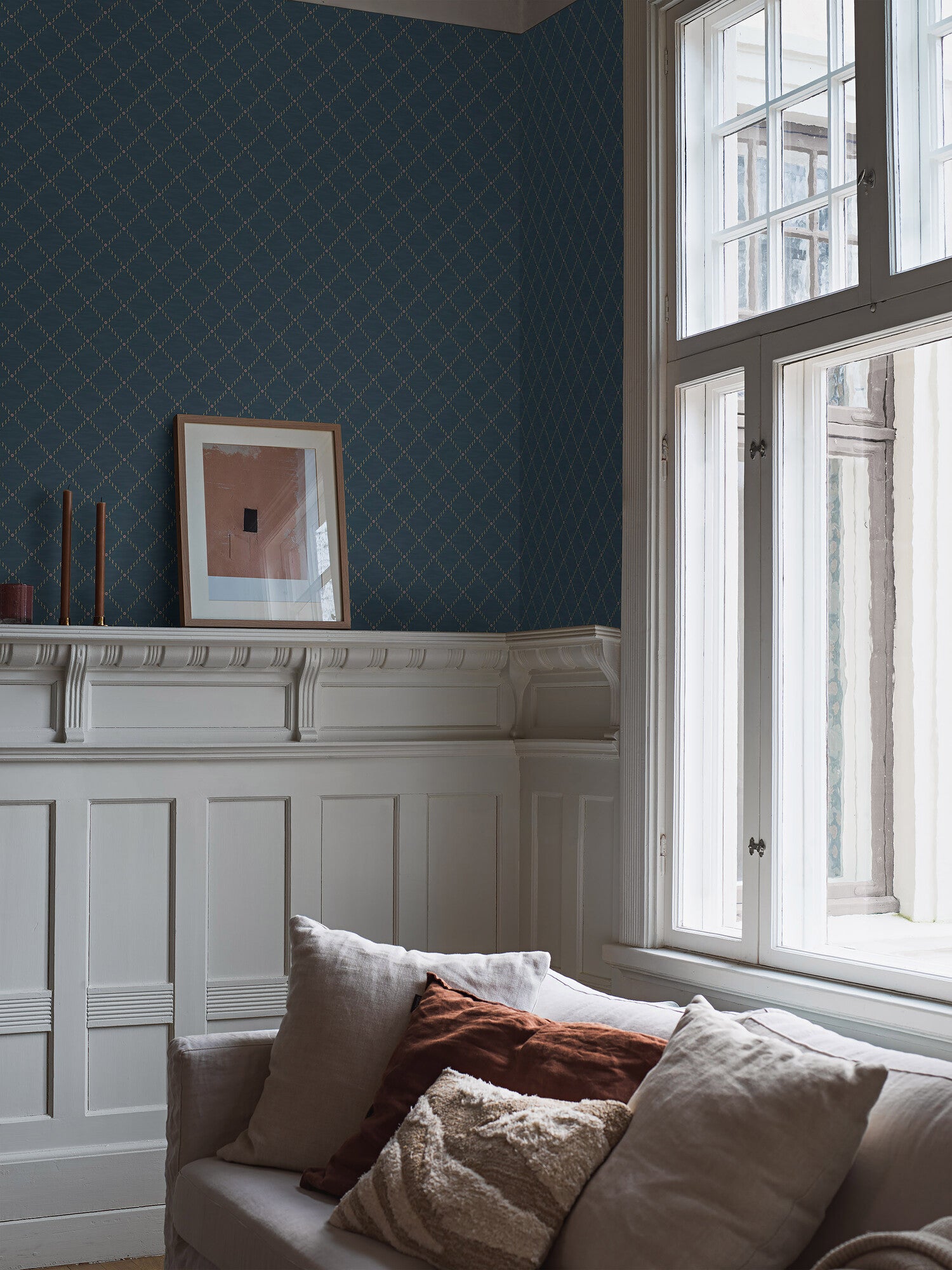 Golden Trellis, blå rutmönster med guldskimmer